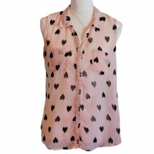 Fun & Flirt Sleeveless Flowy Blouse in Beige with Black Hearts in Size Large